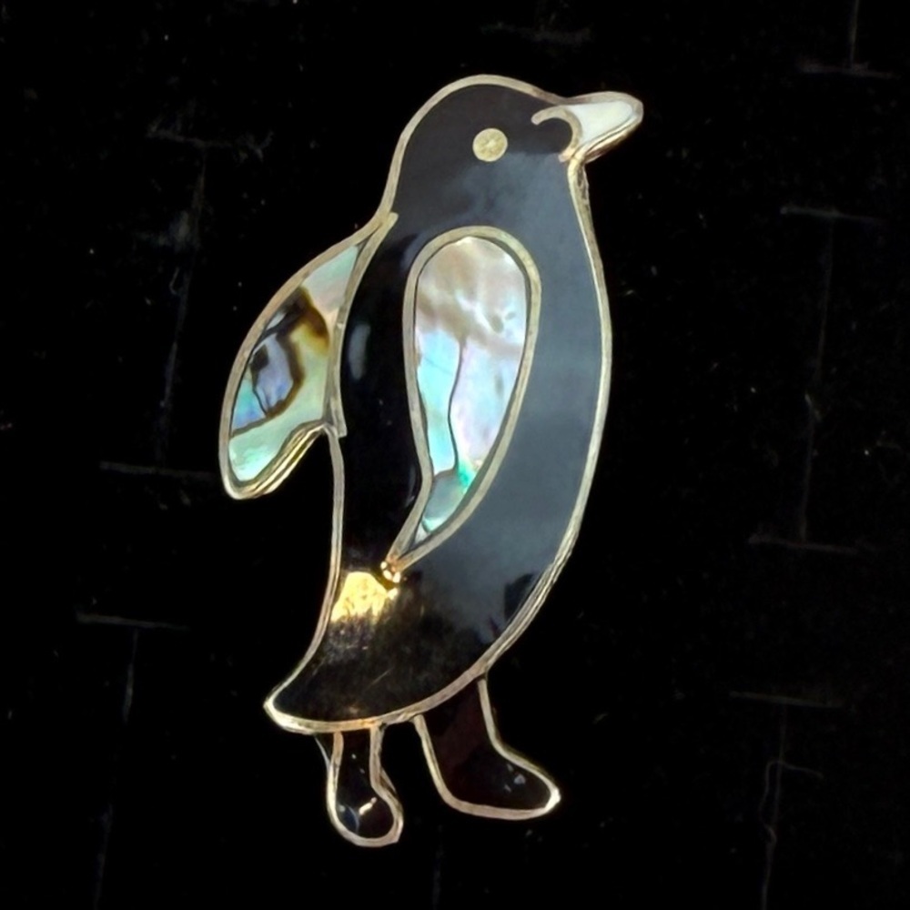 Vintage Silver Alpaca Mexico Penguin Brooch Onyx with Abalone Inlay